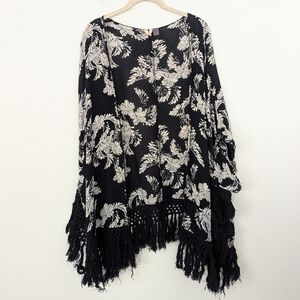 Roxy Floral Print Lightweight Open Kimono Fringe Tassel Hem Black White M/L